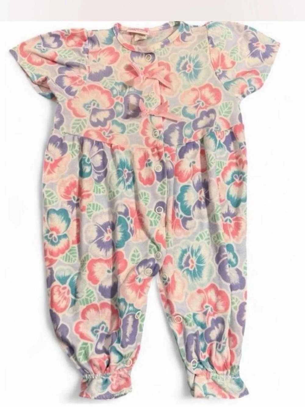 Vintage 90s Carter's Made in USA Floral Baby Romper 12–17 lbs Pink Blue Bow
